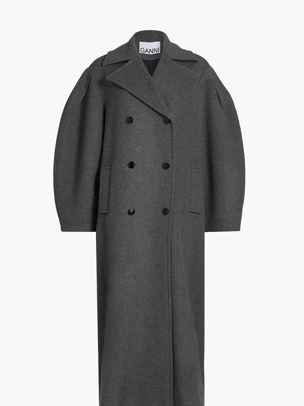 Ganni Long Double-Breasted Wool Coat in Dark Gray